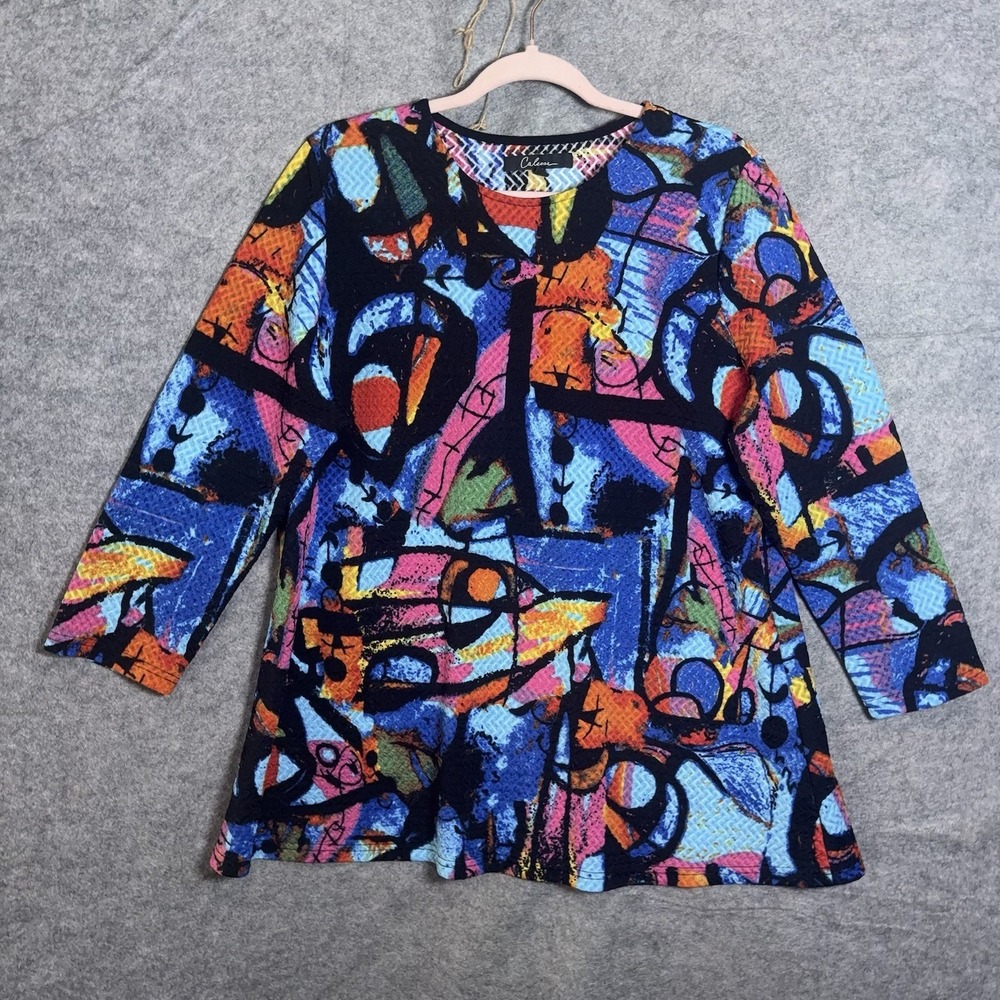 Calessa Blouse Tunic Womens Sz XL Black Geometric Textured Stretch